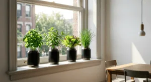 Four mason jar Kratky setups growing basil, mint, lettuce, and chives on a bright south-facing apartment windowsill