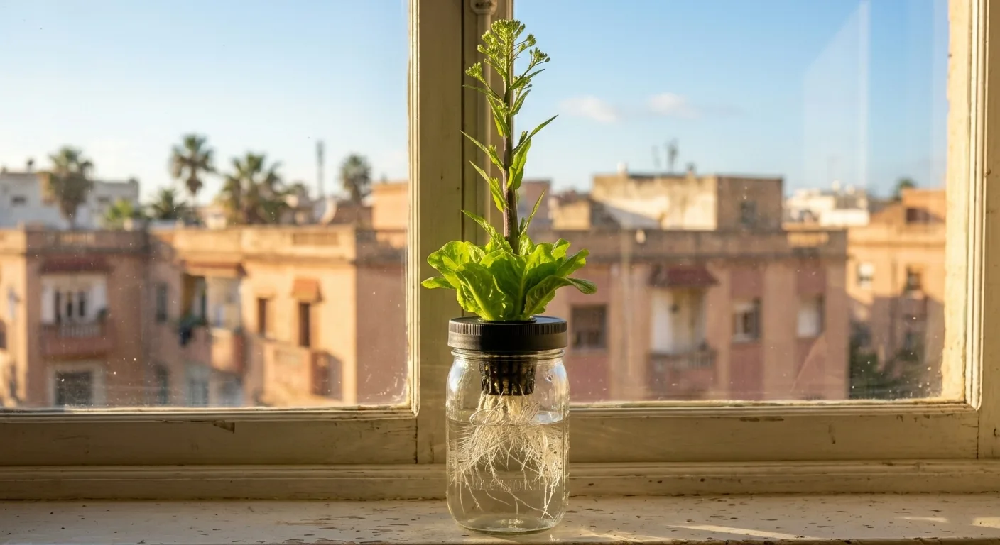 A hydroponic lettuce plant bolting in a mason jar Kratky setup on a bright windowsill, showing the thick central stalk from heat stress, with clear nutrient water visible through the glass and an opaque plastic Kratky lid