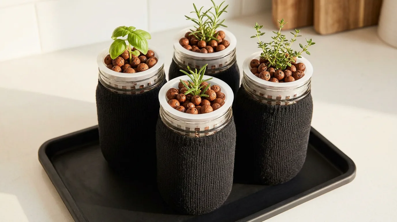 Three hydroponic mason jars sitting on a black rubber boot tray on a kitchen counter