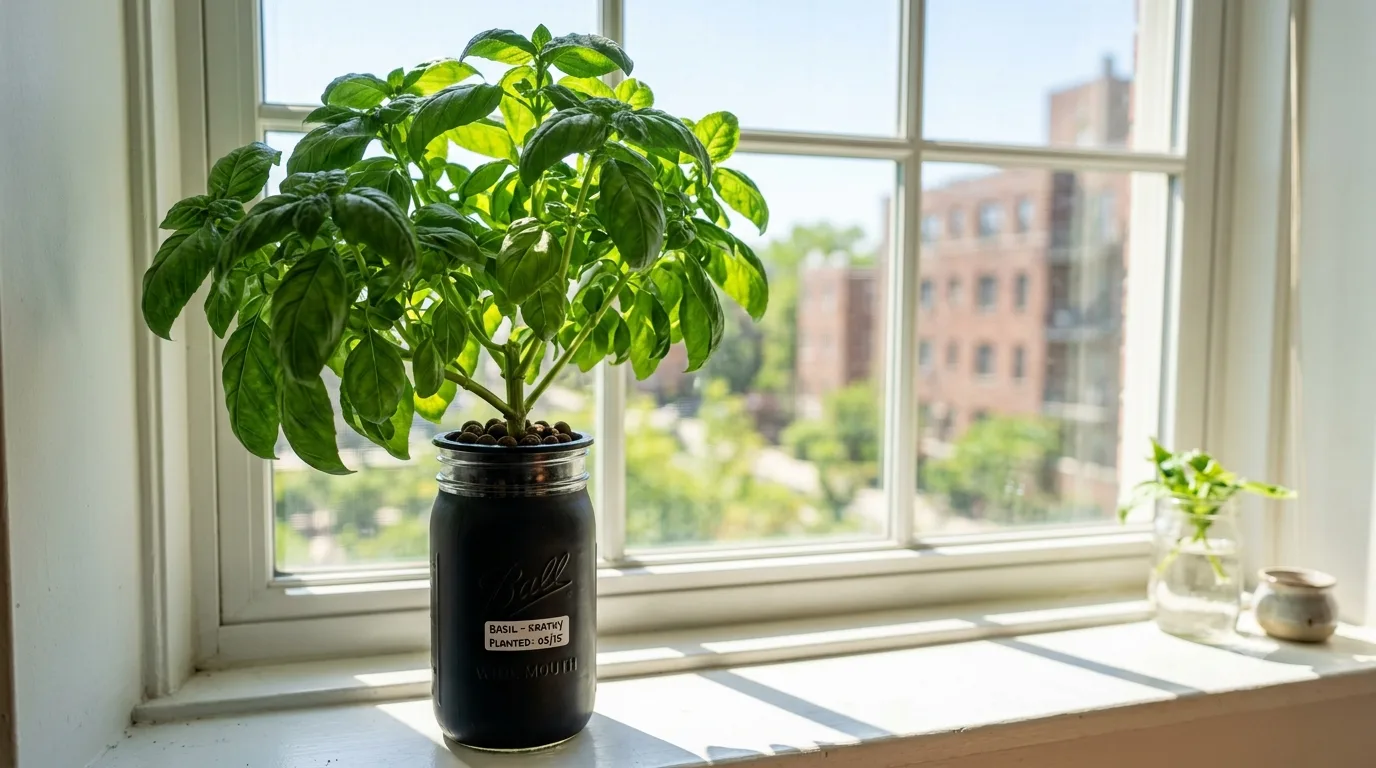 Bushy Italian large leaf basil plant with multiple thick stems and wide aromatic leaves growing in a foil-wrapped mason jar Kratky setup on a bright south-facing apartment windowsill