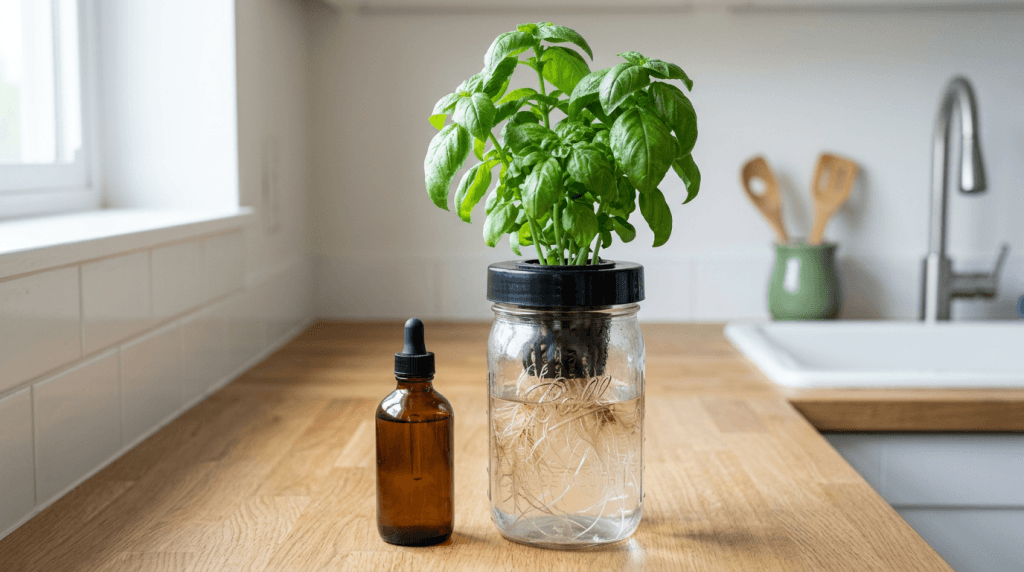 A bottle of cal-mag hydroponic supplement next to a mason jar Kratky setup growing basil with clear nutrient water and an opaque plastic lid