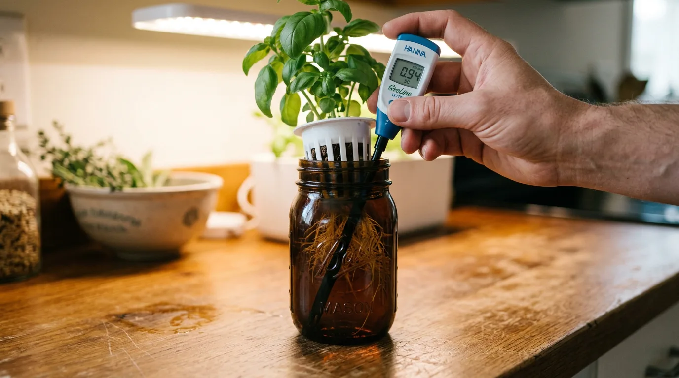 Hand holding a digital EC meter over a hydroponic mason jar under LED grow lights