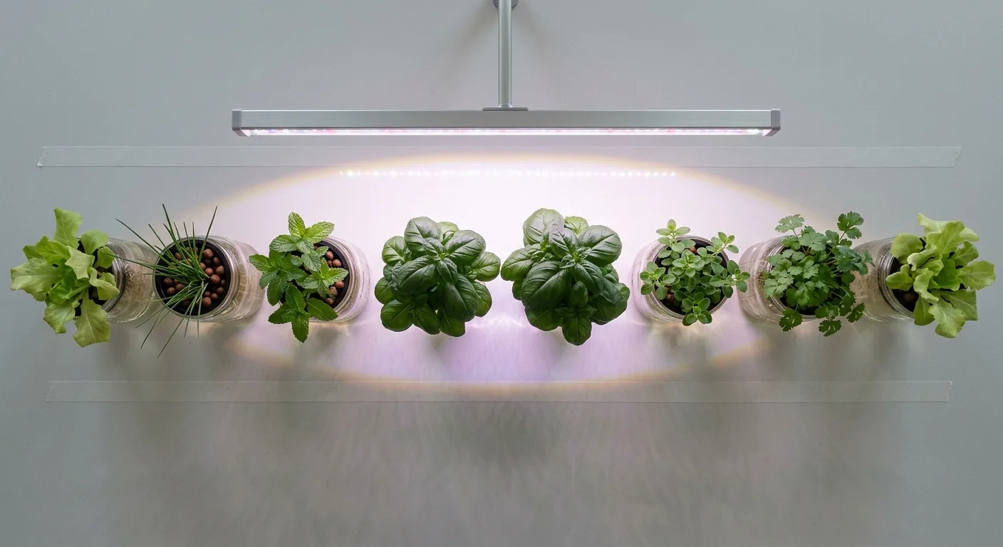 Overhead view of a classic three-tier hydroponic herb shelf layout with basil in the center stripe and lettuce on the outer edges under an LED grow bar
