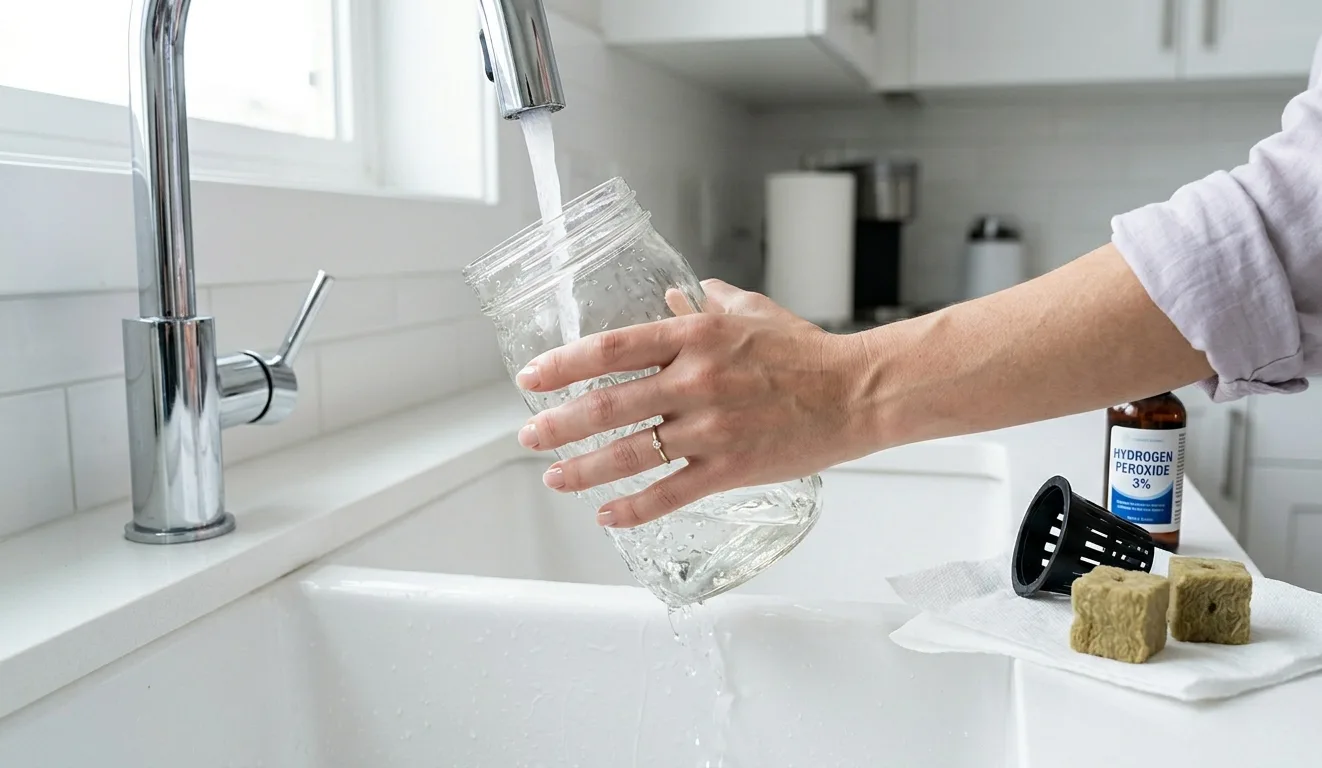 Glass mason jar being rinsed under running water in a kitchen sink beside a hydrogen peroxide bottle and clean net cup ready for the next hydroponic arugula crop
