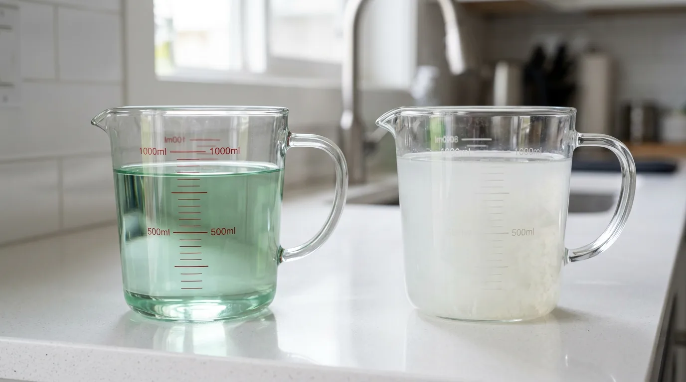 Side by side comparison of a clear correctly mixed two part hydroponic nutrient solution on the left and a cloudy white precipitated solution on the right caused by adding Part A and Part B together without water