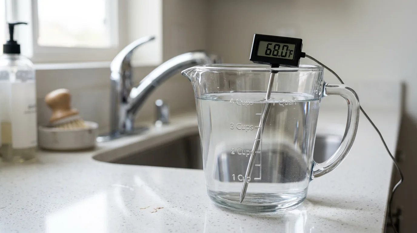 A glass measuring pitcher filled with plain clear water at room temperature with a digital thermometer showing 68°F, ready for hydroponic nutrient mixing