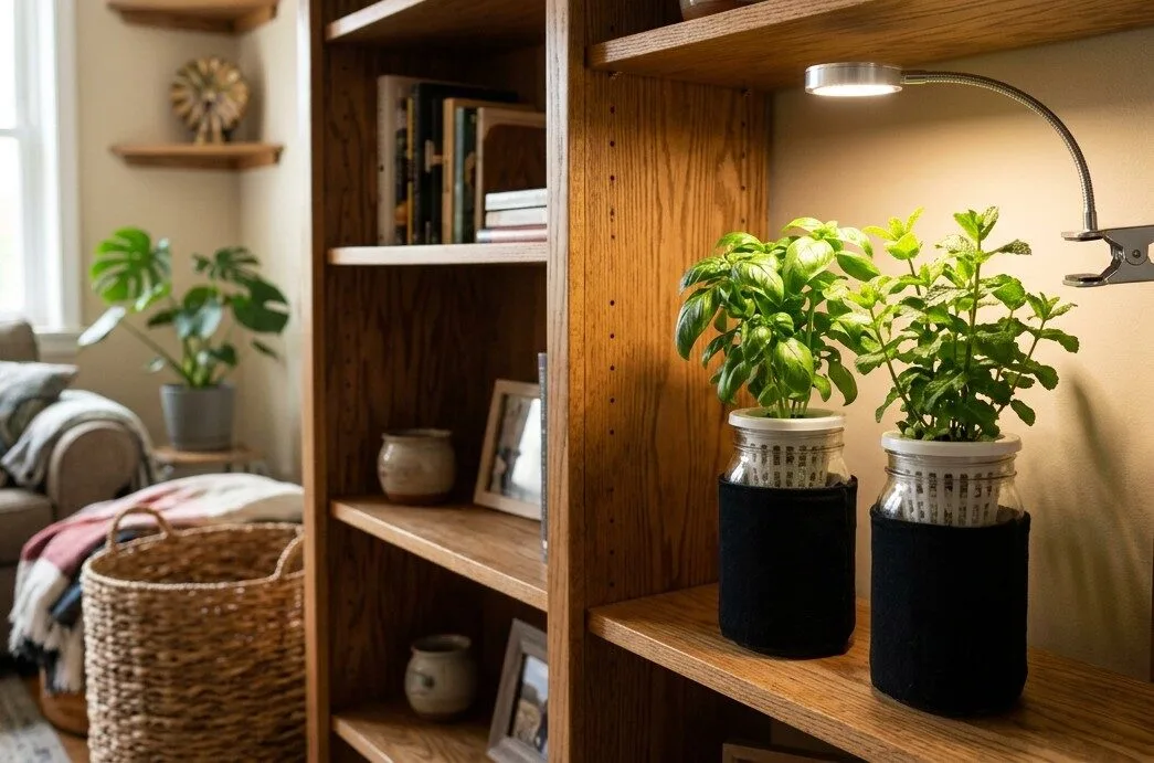 Clip-on LED grow light attached to a bookshelf edge above hydroponic mason jars without drilling
