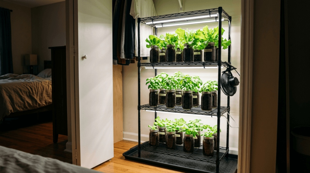 Wire rack shelf inside an apartment closet with LED grow lights and hydroponic herb jars
