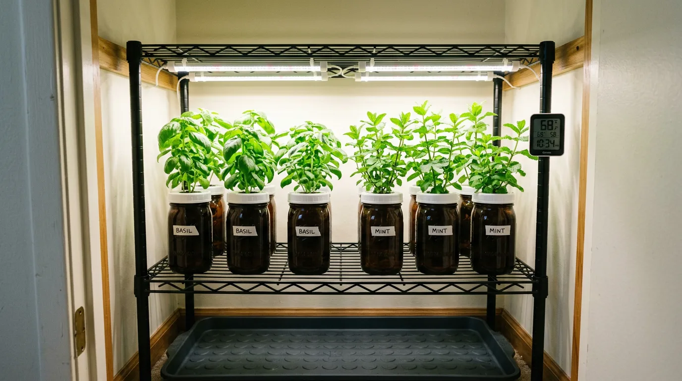 Apartment closet converted into a hydroponic garden with LED lights and mason jar Kratky setups