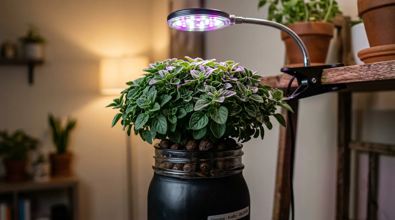 Compact hydroponic oregano plant with dense small dark green aromatic leaves growing in a black vinyl-wrapped mason jar under a clip-on LED grow light, showing the ideal tight growth from lean feeding