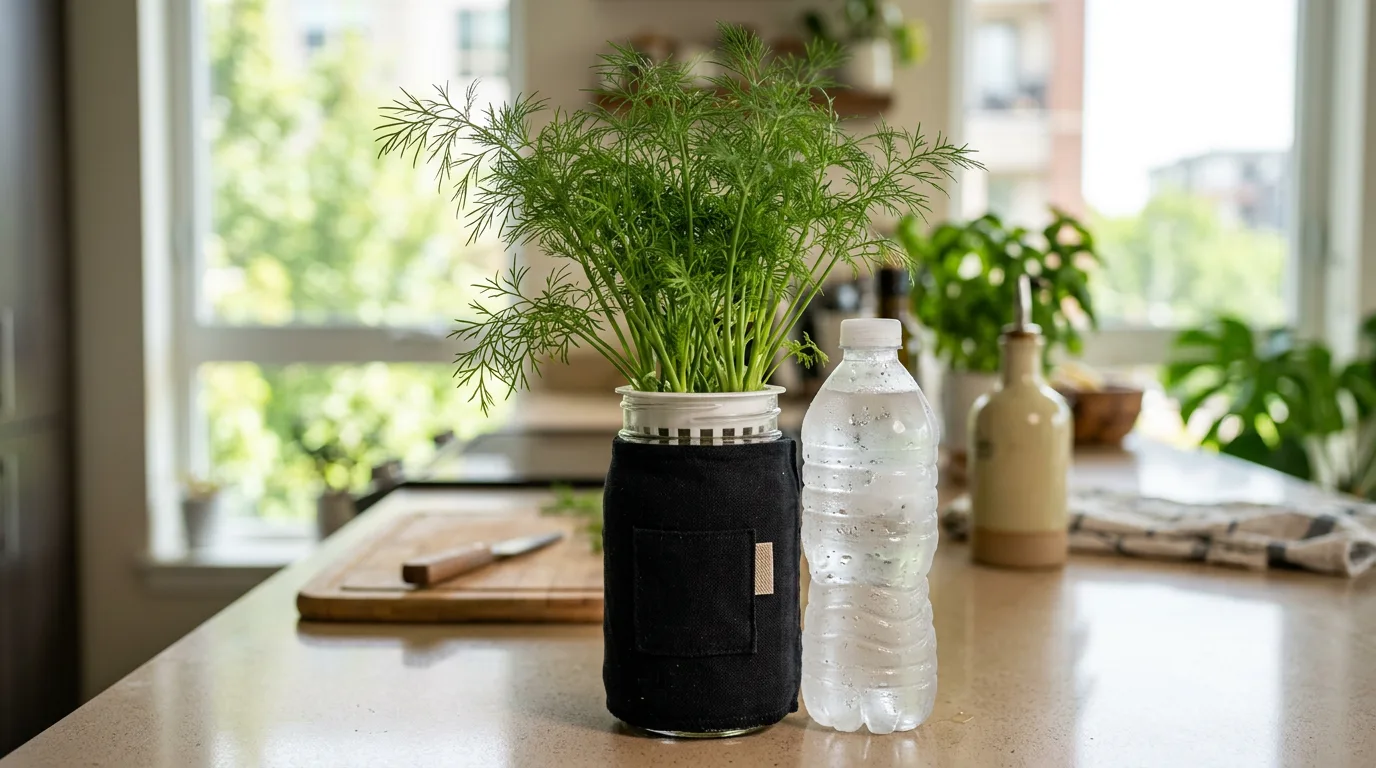 Frozen water bottle placed beside a hydroponic dill mason jar on a kitchen counter to cool the reservoir