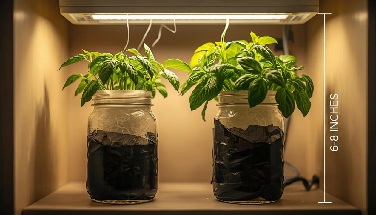Compact LED grow light positioned 6 to 8 inches above hydroponic basil and mint mason jars on an apartment shelf