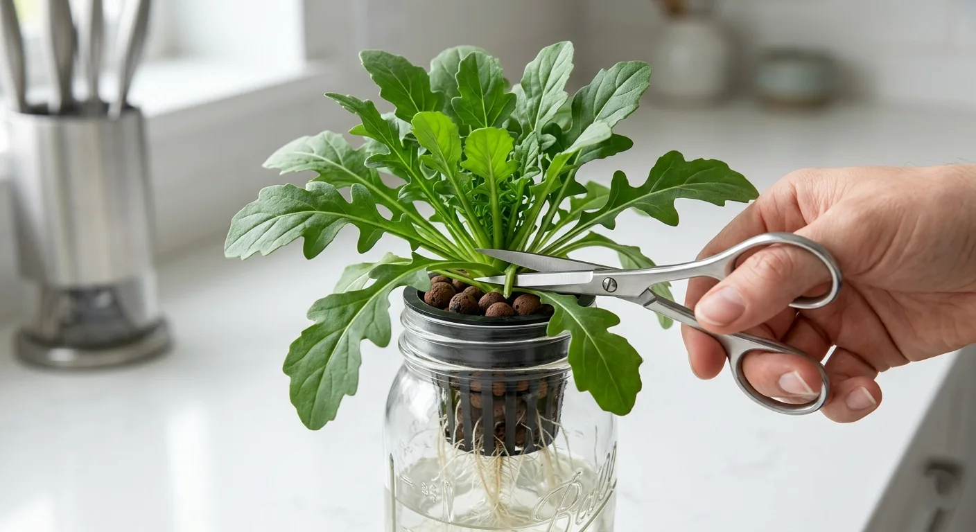 Hand using scissors to cut an outer arugula leaf stem one inch above the base of a full bushy hydroponic arugula rosette growing from a mason jar