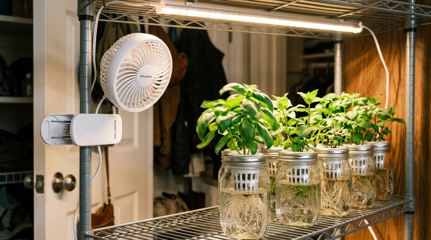 Small clip-on oscillating fan mounted to a wire rack shelf in a closet hydroponic garden