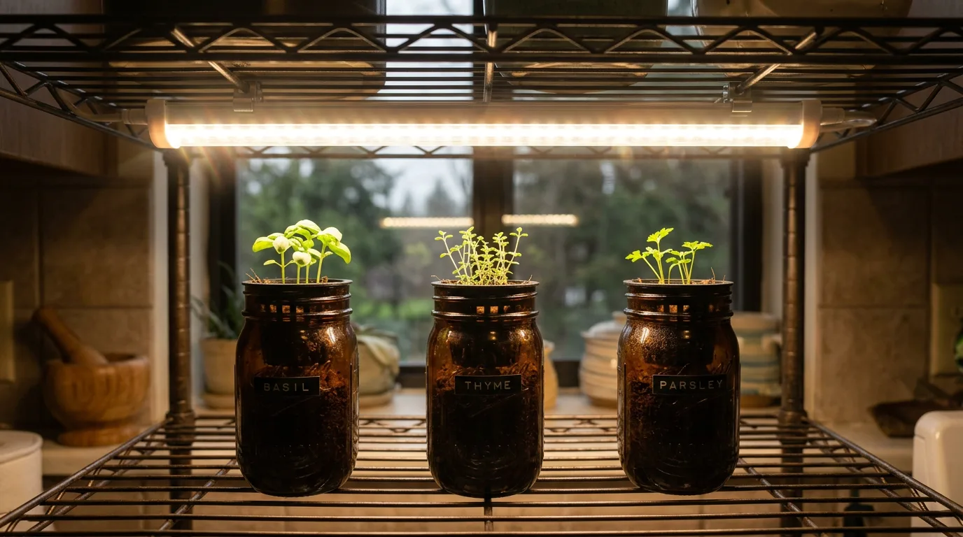 White full-spectrum LED panel mounted above hydroponic herb jars on a wire rack shelf