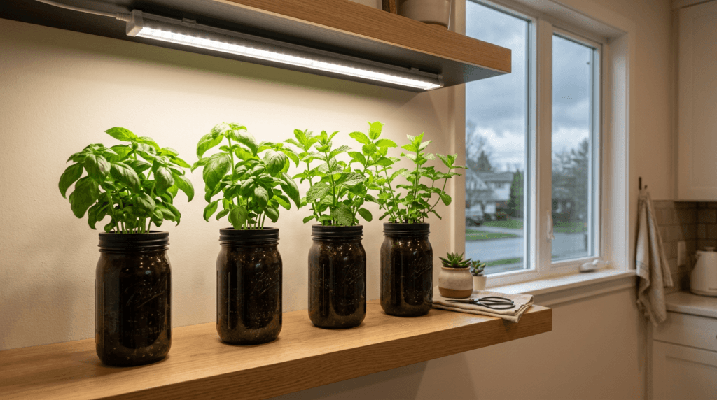 Full-spectrum LED panel illuminating hydroponic herbs on a kitchen shelf in a north-facing apartment