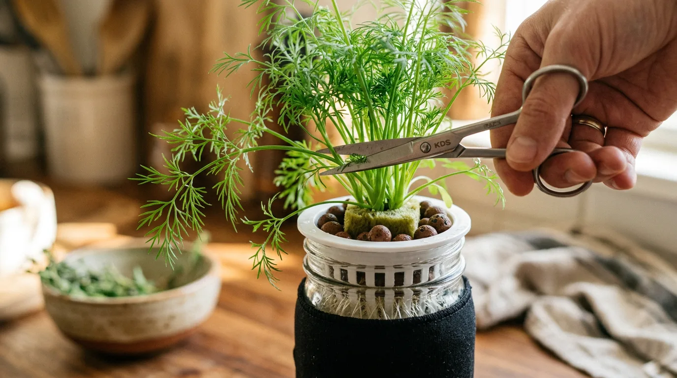 Sterilized scissors trimming outer fronds from a hydroponic dill plant in a black-covered mason jar