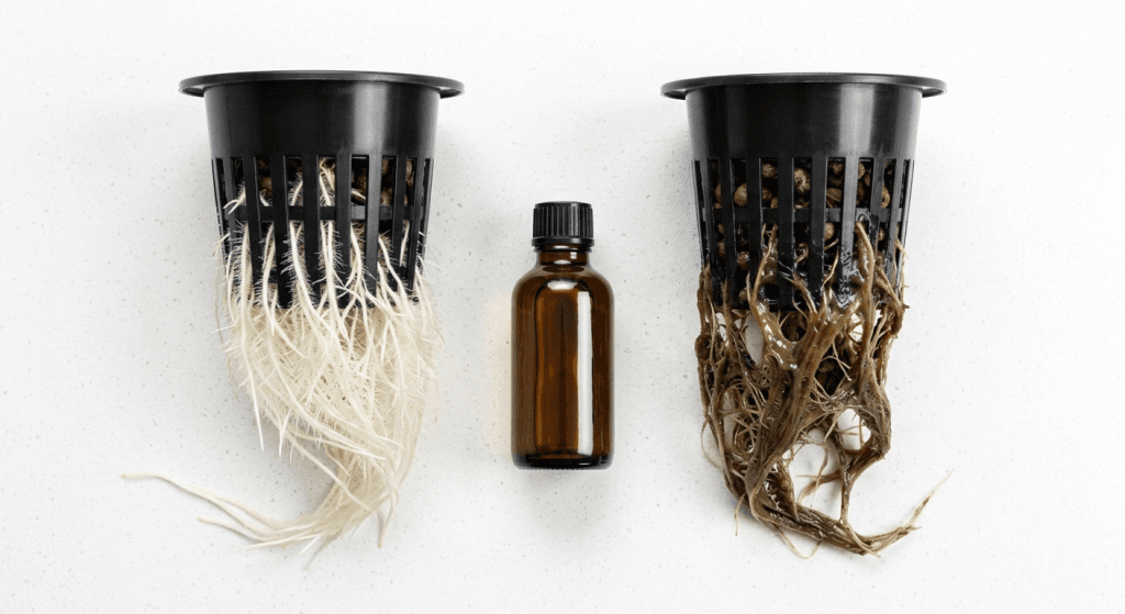Side-by-side comparison of healthy white hydroponic roots in a net cup on the left versus dark brown slimy root rot on the right with a hydrogen peroxide bottle between them on a white kitchen counter