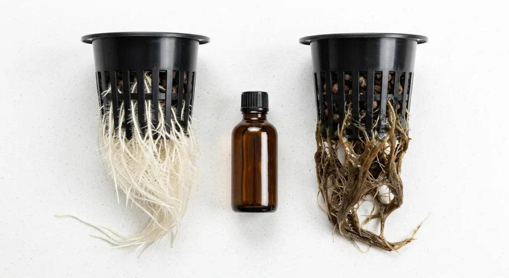 Side-by-side comparison of healthy white hydroponic roots in a net cup on the left versus dark brown slimy root rot on the right with a hydrogen peroxide bottle between them on a white kitchen counter