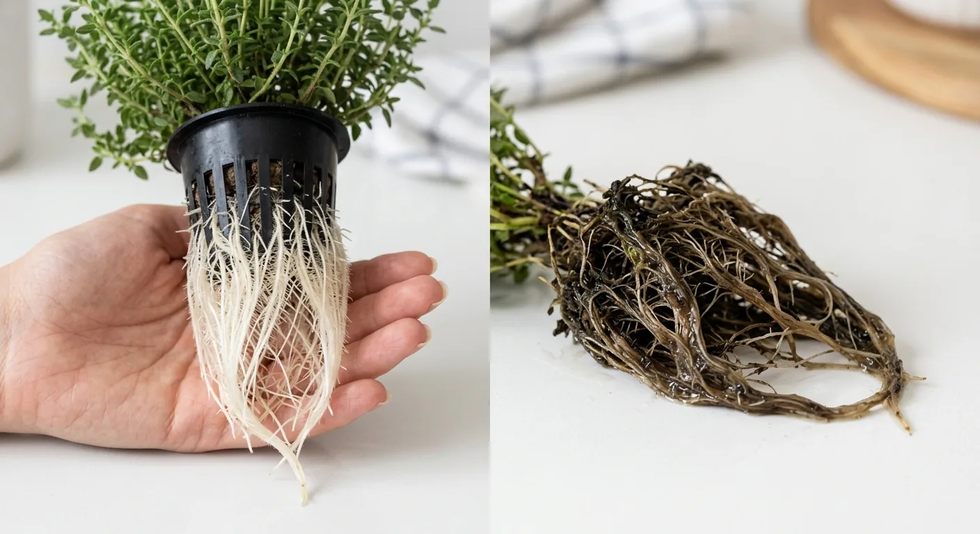 Side-by-side comparison of healthy bright white hydroponic thyme roots held by a feminine hand on the left versus dark brown slimy root rot on the right
