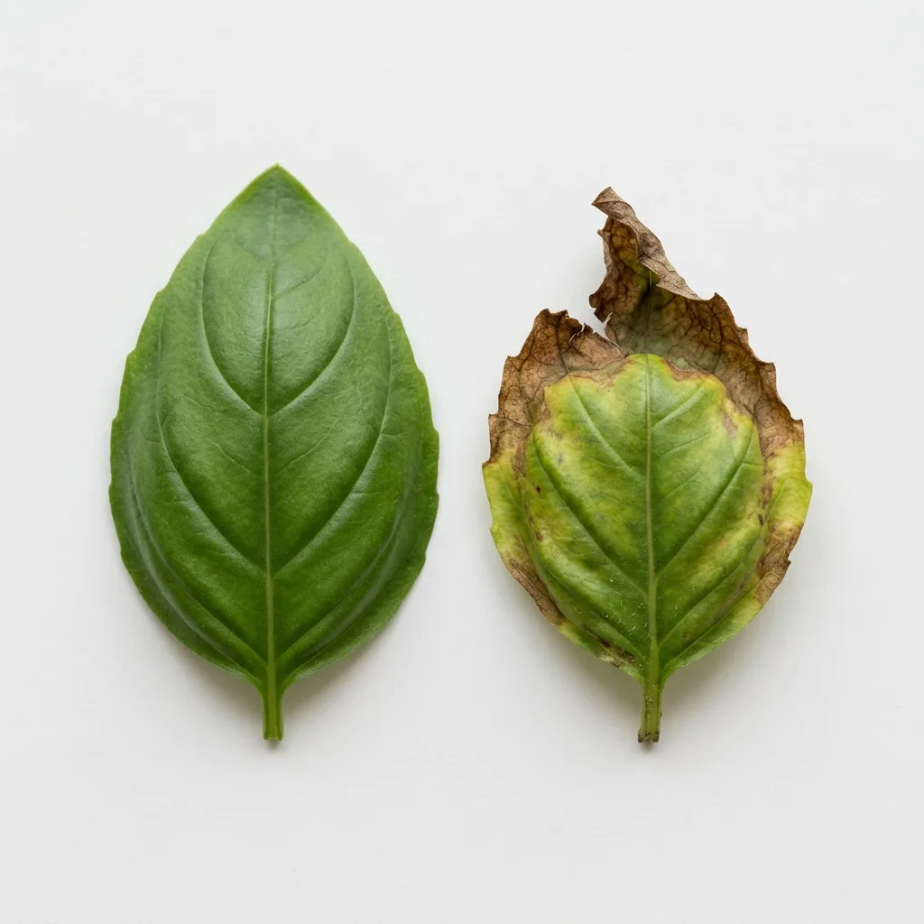 Side by side comparison of a healthy green basil leaf on the left and a basil leaf showing calcium deficiency with brown crispy tips on the right