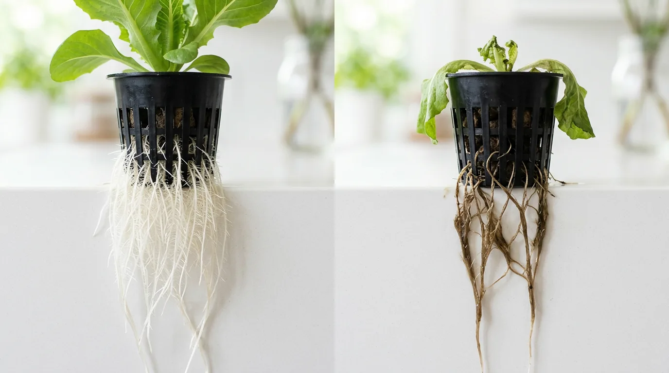 Side-by-side comparison of healthy white hydroponic roots and brown slimy roots after a power outage