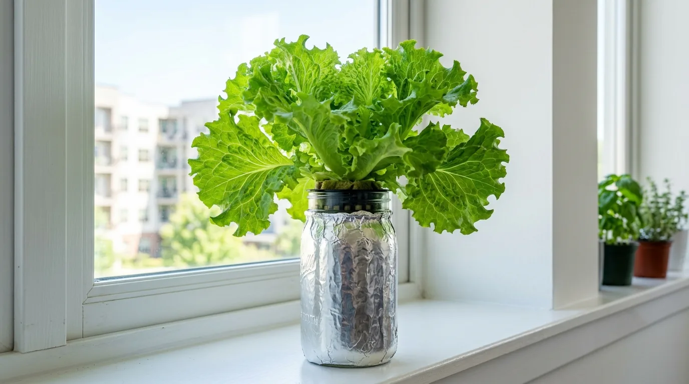 Healthy loose-leaf green lettuce with full ruffled leaves growing in a wide-mouth mason jar Kratky hydroponic setup on a bright apartment windowsill, showing the correct harvest-ready growth stage