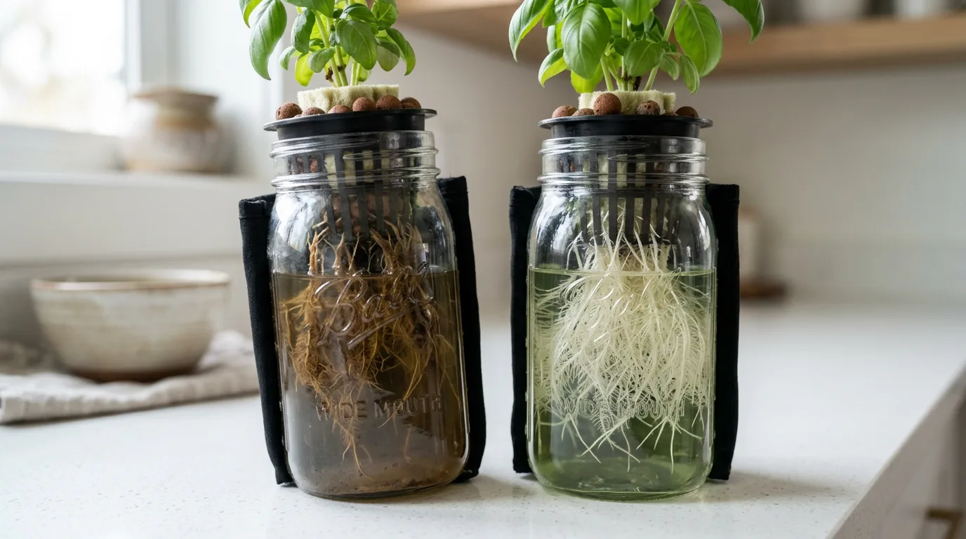 Two hydroponic dill jars side by side showing healthy white roots on the right and brown slimy roots on the left