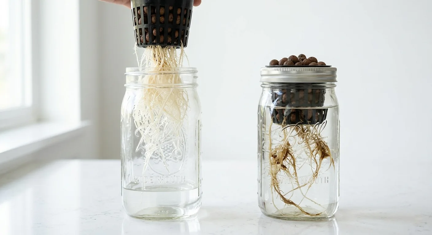Side by side comparison of healthy white mint roots on the left and brown root rot tips from overheated water on the right in Kratky mason jar setups