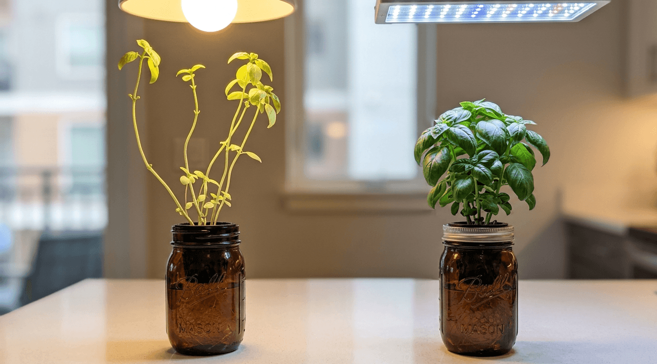 Two identical basil seedlings in mason jars showing the difference between a household bulb and a proper grow light.