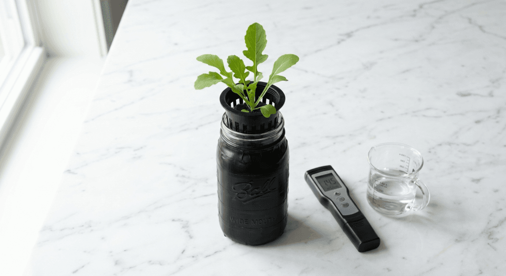 Black-wrapped quart mason jar with fresh arugula growing from a net cup beside a digital EC meter and measuring pitcher on a white kitchen counter