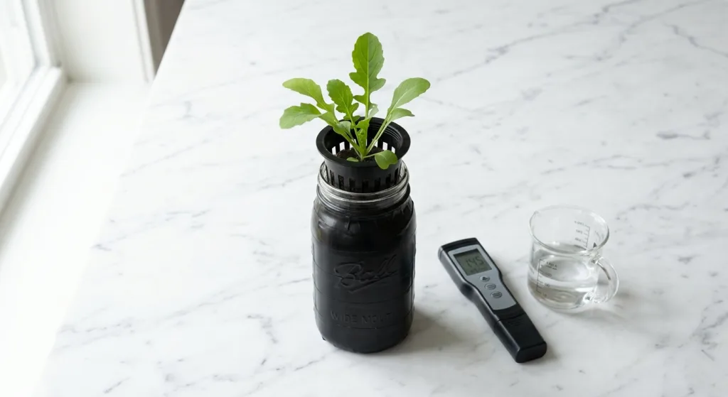 Black-wrapped quart mason jar with fresh arugula growing from a net cup beside a digital EC meter and measuring pitcher on a white kitchen counter