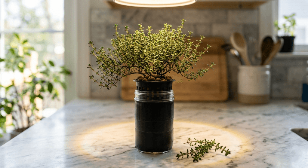 Compact bushy thyme plant growing from a black-wrapped quart mason jar Kratky setup under a warm LED grow light on a white kitchen counter
