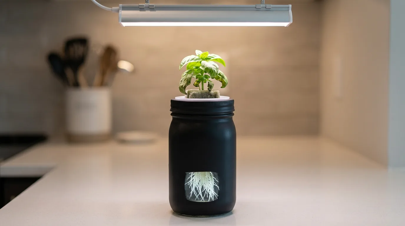Healthy basil recovering in a hydroponic mason jar with net cup lid after grow light adjustment