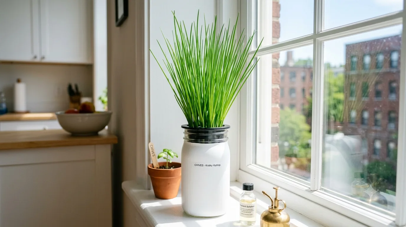 Dense cluster of tall bright green chive blades growing in a white vinyl-wrapped mason jar Kratky hydroponic setup on a sunny apartment windowsill