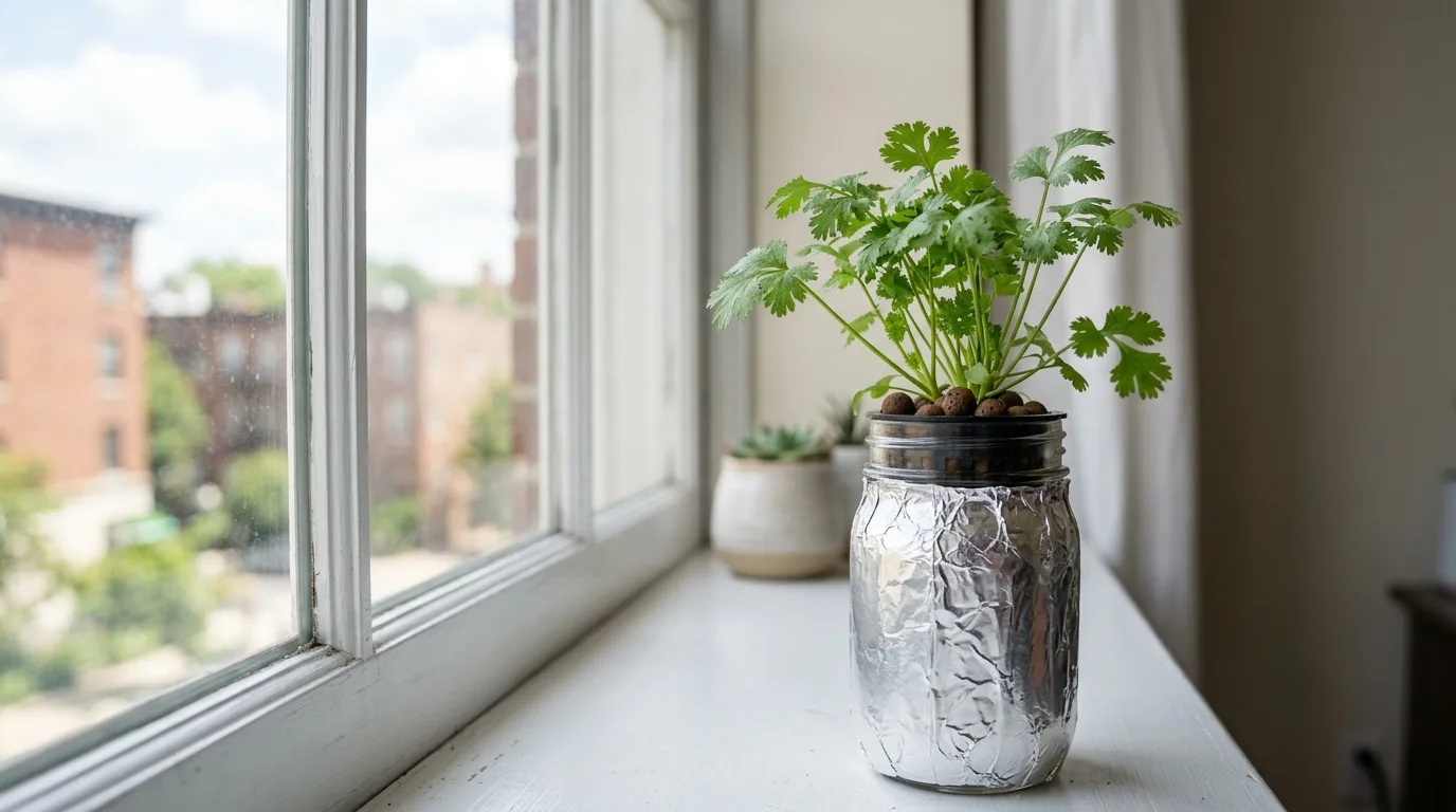 Young cilantro plant with delicate feathery lacy leaves growing in a foil-wrapped mason jar Kratky hydroponic setup positioned at the shadier end of a bright apartment windowsill