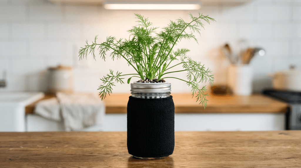 Fresh dill growing in a dark mason jar with net cup lid on an apartment kitchen counter
