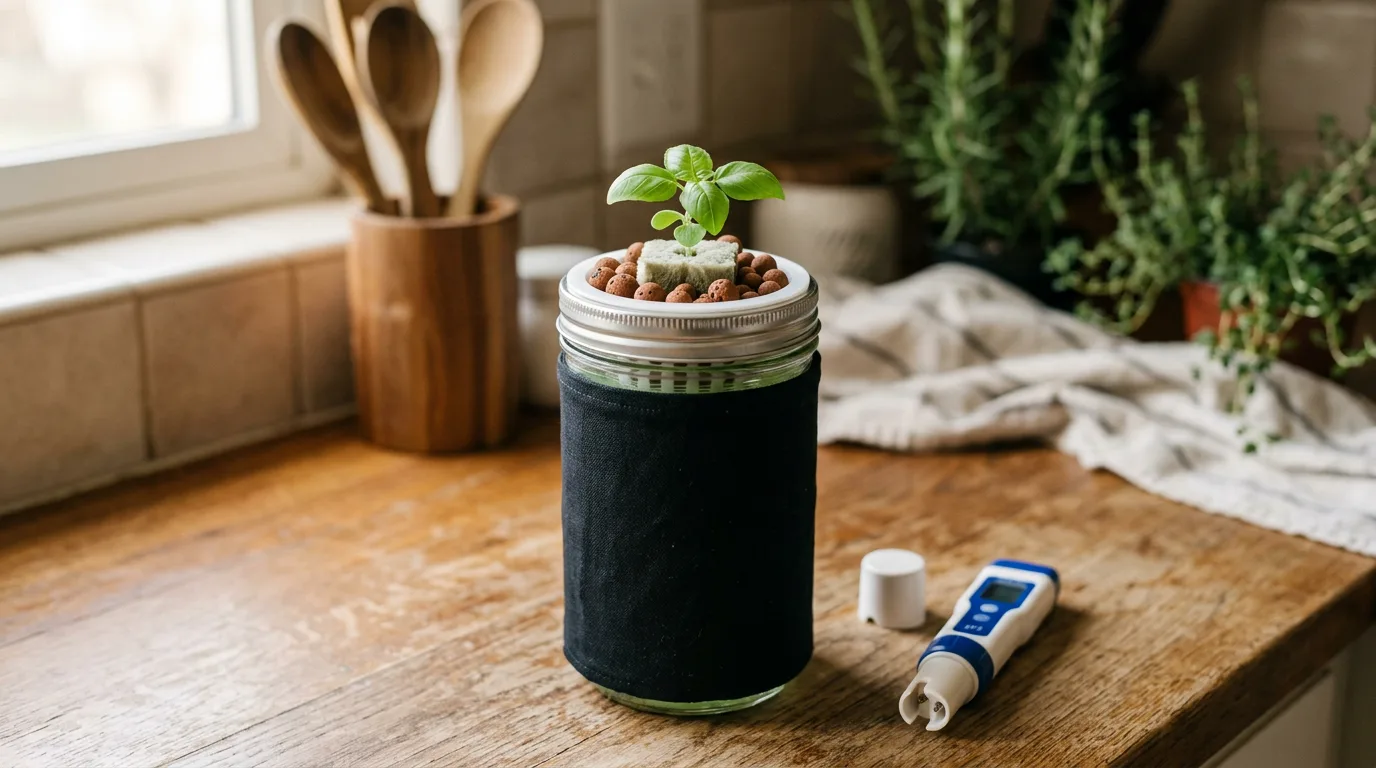 Quart mason jar filled with green nutrient solution with a black cover and white net cup lid ready for dill