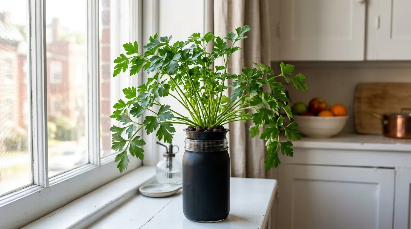 Compact flat-leaf Italian parsley plant with dark green divided leaves growing in a black vinyl-wrapped mason jar Kratky hydroponic setup on a bright apartment windowsill