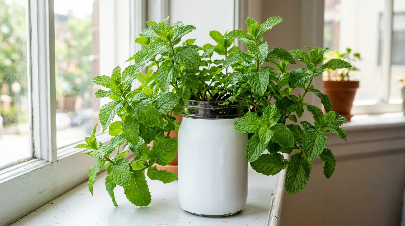 Lush spearmint plant with bright green crinkled leaves overflowing from a wide-mouth mason jar Kratky hydroponic setup on a bright apartment windowsill