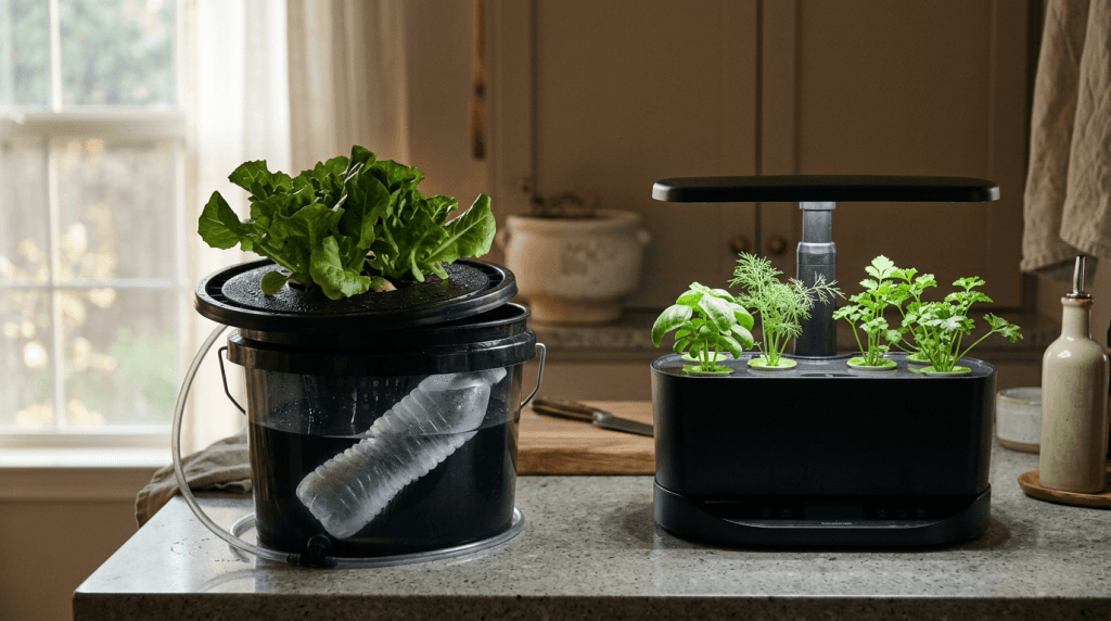 DWC hydroponic system on a dark apartment counter during a power outage
