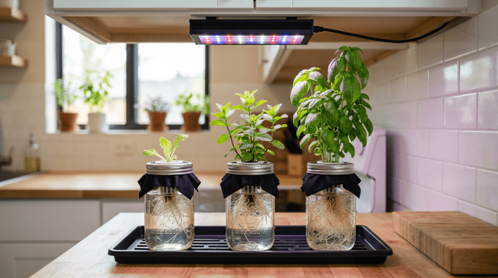 Small Kratky mason jar herb setup on a kitchen counter with a clip-on grow light and boot tray