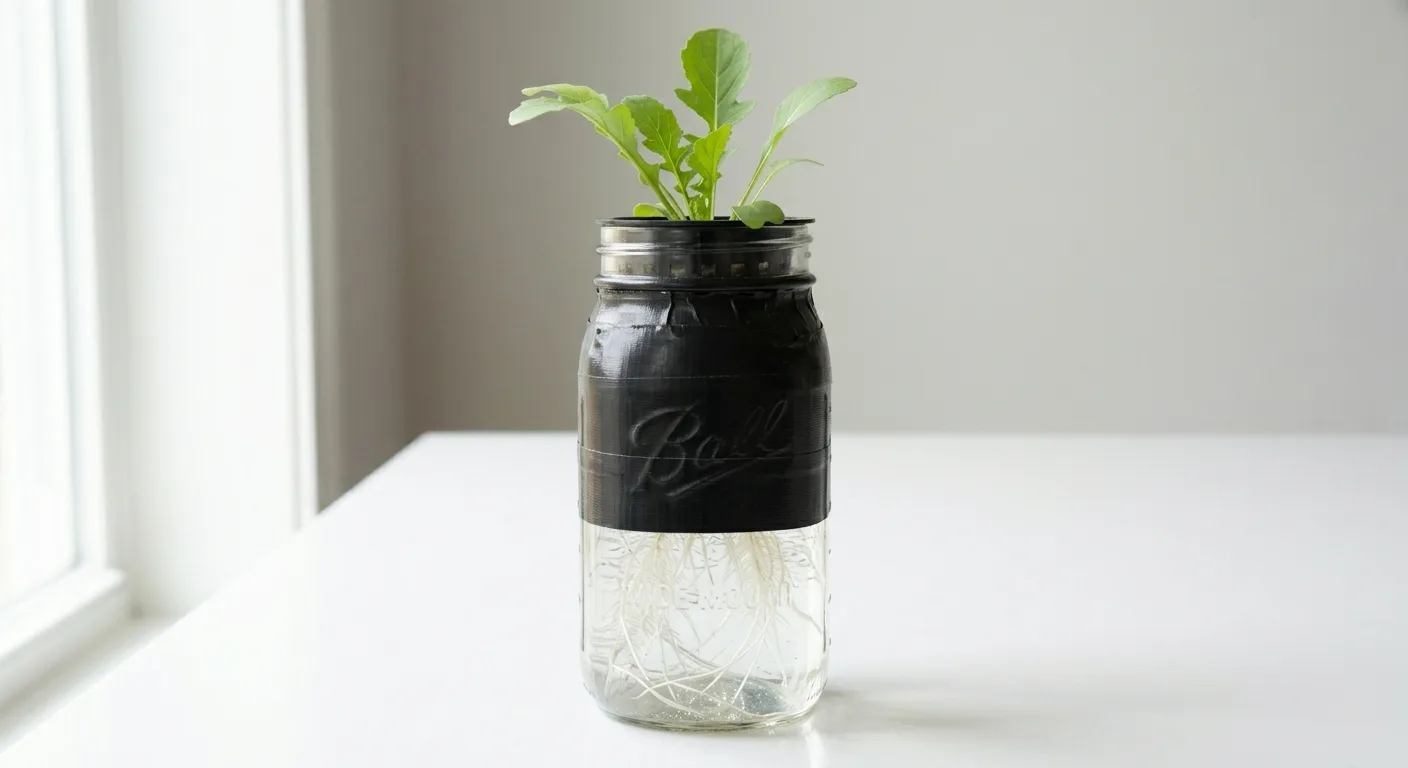 Black-tape-wrapped quart mason jar with white arugula roots hanging into clear nutrient water and a small seedling growing above from a plastic net cup