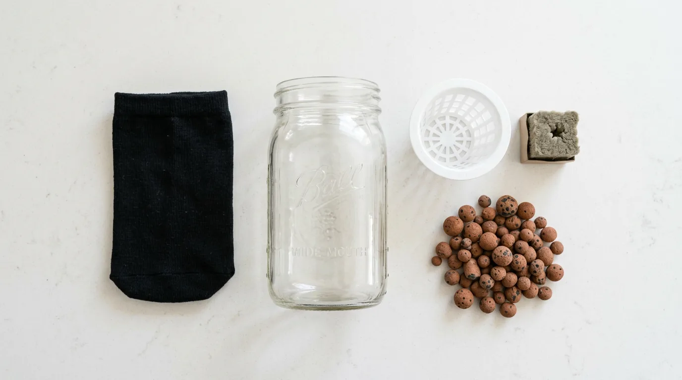 Hydroponic dill jar components including mason jar net cup rockwool and clay pebbles on a counter