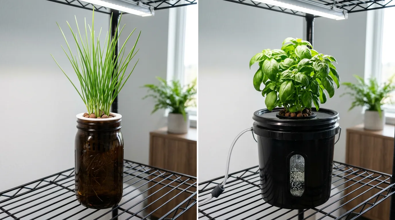Side-by-side of a Kratky mason jar and a DWC bucket setup for a closet hydroponic garden