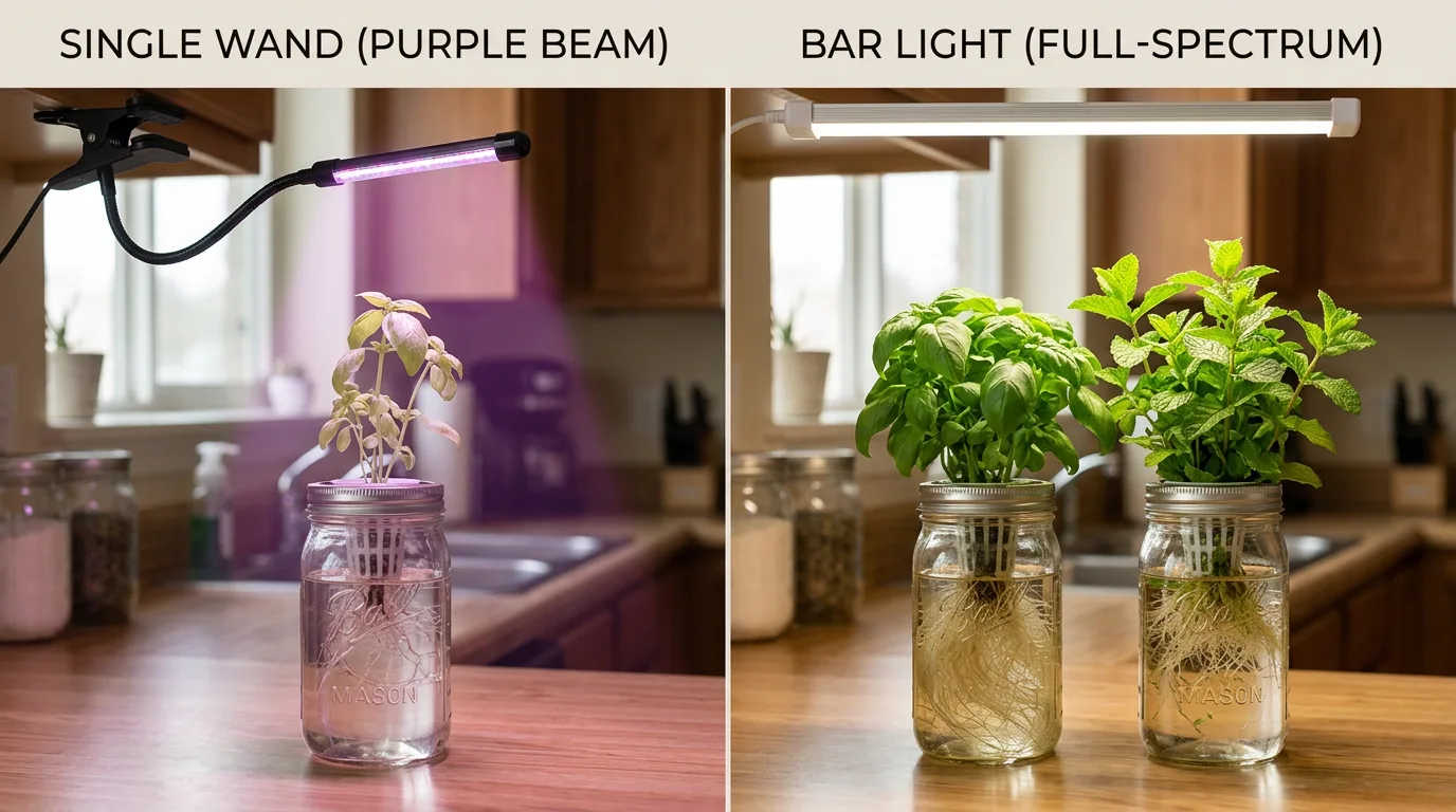 Side-by-side view of a weak clip-on wand and a rigid LED panel over hydroponic basil jars