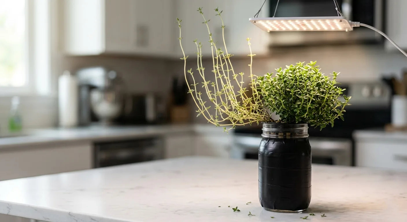 Side-by-side comparison of tall pale leggy thyme stems from insufficient grow light distance versus compact healthy green thyme growth at correct 6 to 8 inch light height