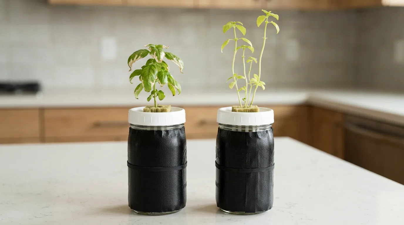 Two hydroponic basil jars showing white papery leaf tips from light burn on left and stretched stems from low PPFD on right