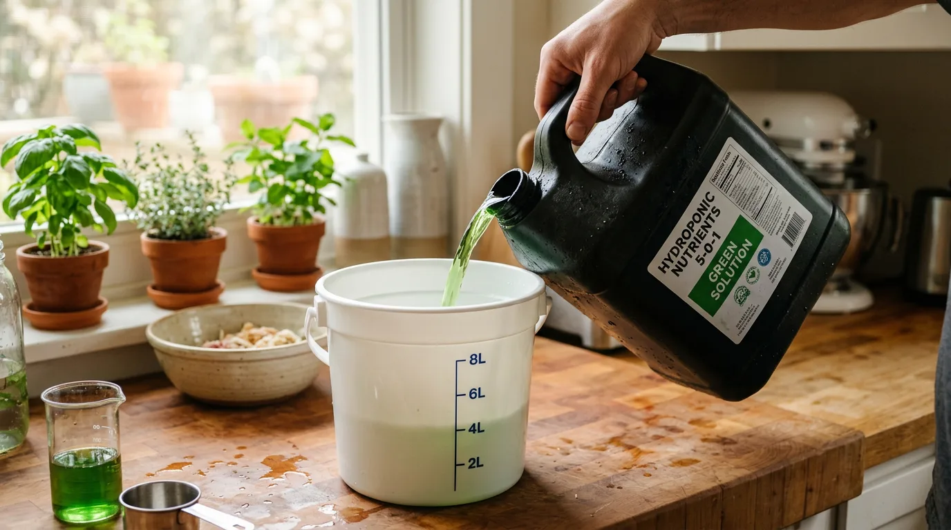 Nutrient solution being poured from a DWC reservoir into a spare bucket to lower the water level