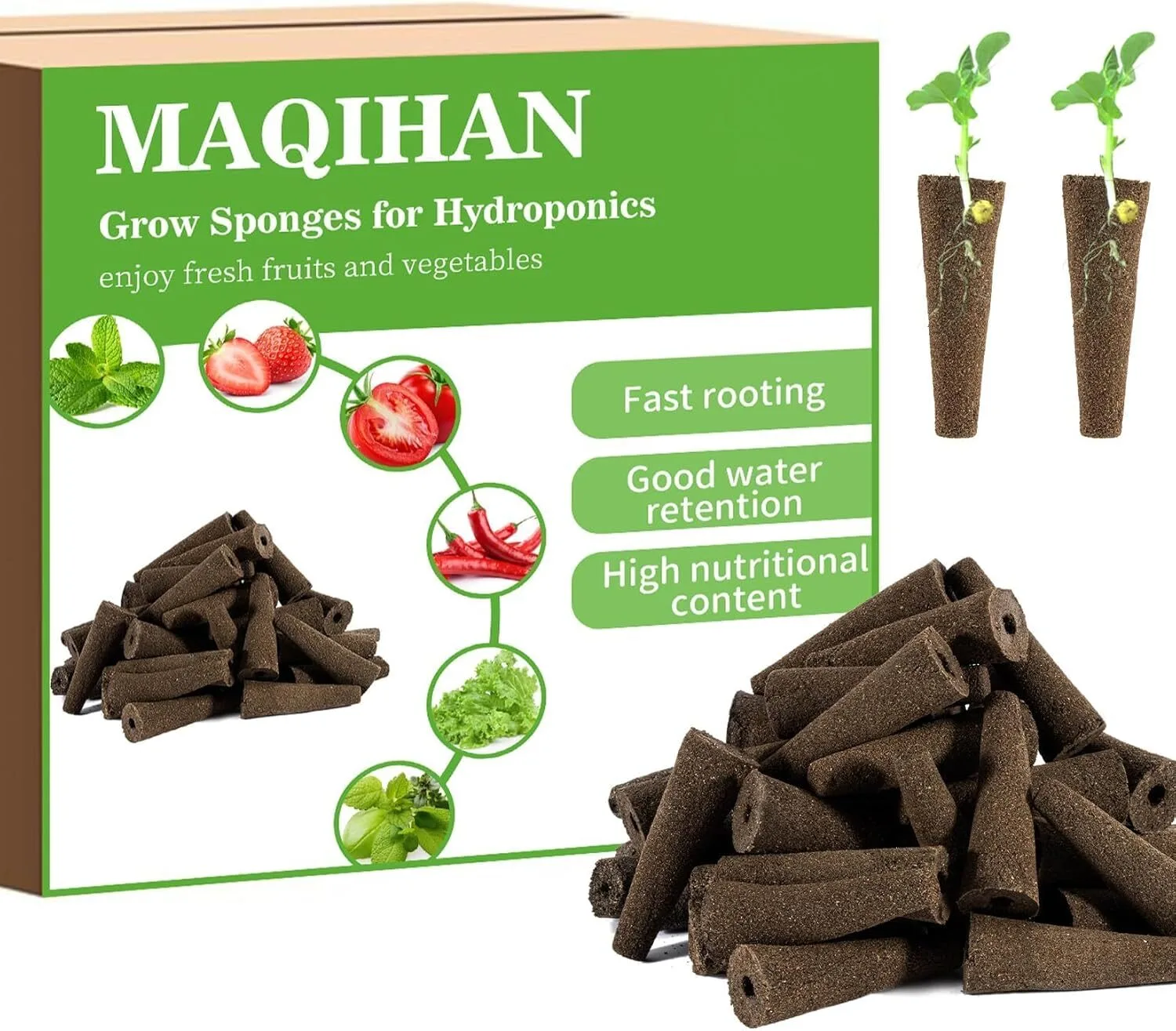 MAQIHAN hydroponic grow sponges 50-pack in resealable bag beside a 2-inch net cup